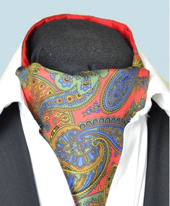 Fine Silk Proud Peacock Paisley Pattern Cravat in Mid Red